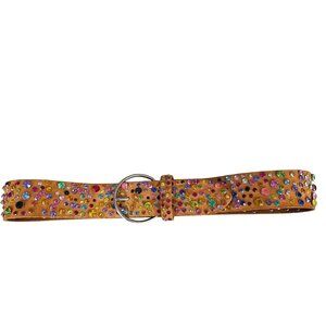 Genuine Leather Belt Multicolored Rhinestones & Polished Ring Buckle Size M 43"